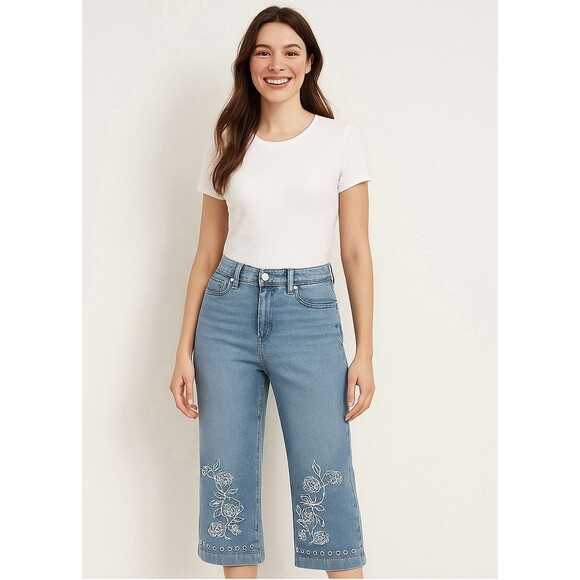 Talbots Women’s Wide Leg Crop Jeans Size 2 Embroidered Floral Denim Blue Pants - Picture 1 of 10
